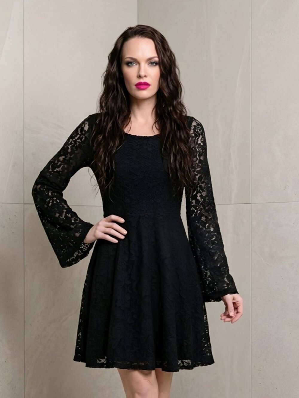 TMG New York Black Lace Long Bell Sleeve Fit Flare Mini Dress Goth Wicca Sz S